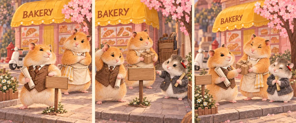 Three panels: Pommilo moves into the corner, Bun brings a parcel, June holds up the sign