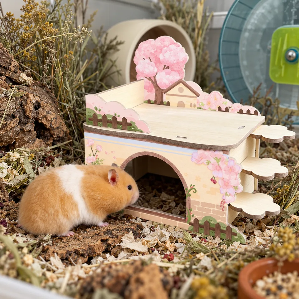A golden hamster at the arched door of the Roof Garden Villa
